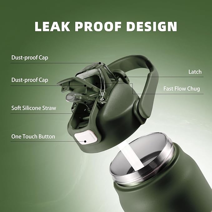 ColorSub 50oz Insulated Water Bottle With 2-in-1 Straw and Chug Leakproof Lid, BPA Free Stainless Steel Wide Mouth Sports Water Cup Flask Army green