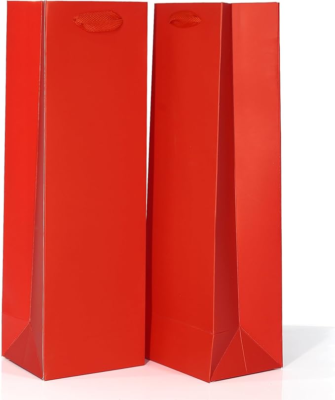 KEYYOOMY Wine Gift Bags - 10 Pack Red Kraft Paper Wine Bottle Gift Bags with Handles for Wedding Birthday Housewarming Christmas Party Supplies(10CT,13.8x4.3x3.5 IN,Red)
