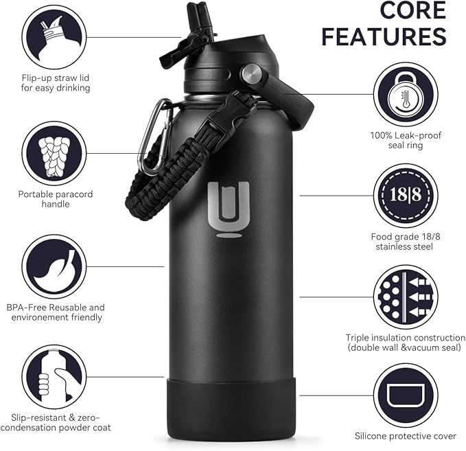 Water Bottle with Strap, 40oz Insulated Stainless Steel Water Bottle with Straw, Spout Lid & Handle, Metal Flask Jug with Carrier Bag, Great for Hiking, Sports & Gym, Black