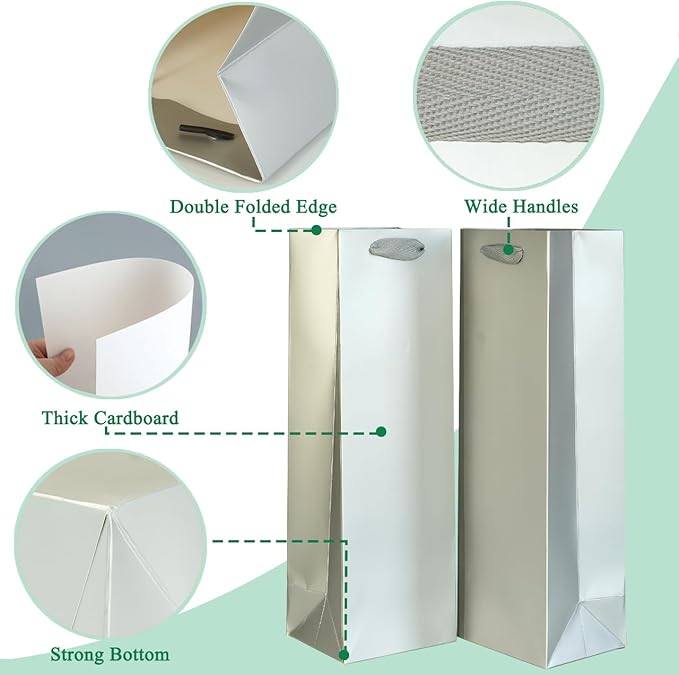 KEYYOOMY Wine Gift Bags - 10 Pack Silver Gray Kraft Paper Wine Bottle Gift Bags with Handles for Wedding Birthday Housewarming Christmas Party Supplies(10CT, 13.8x4.3x3.5 IN, Silver Gray)