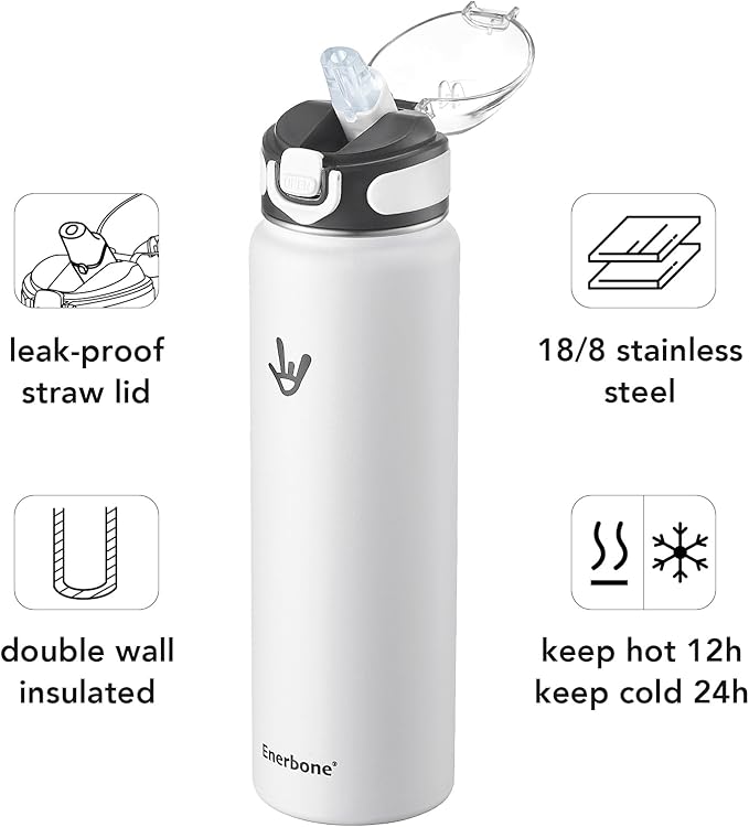 Enerbone Insulated Water Bottle, 32 oz Stainless Steel Water Bottles with Carrying Strap, Double-Wall Vacuum Insulation Thermos, Leakproof Sports Bottle with Straw, Keep Drinks Hot or Cold for Hours
