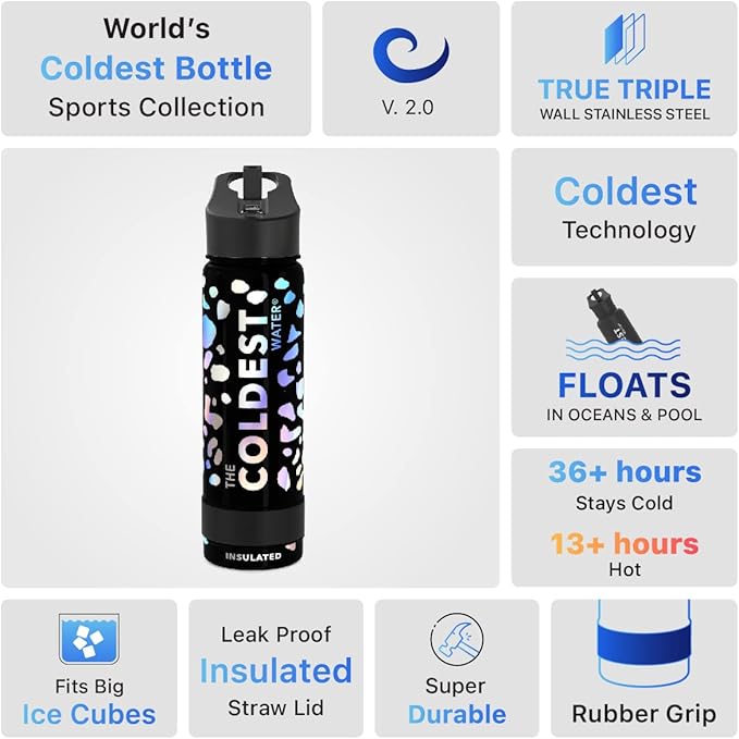 Coldest Sports Water Bottle - (Straw Lid), Leak Proof, Vacuum Insulated Stainless Steel, Hot Cold, Double Walled, Thermo Mug, Metal Canteen (24 oz, Moonlight Leopard)