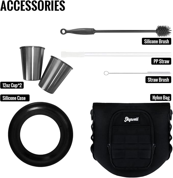 SkyWell 128 Oz Insulated Water Bottle Sleeve and Cup Kit Wide Mouth Water Flask Sweat-Proof and Leak-Proof 1 Gallon Stainless Steel Water Jug for Outdoors, Navy Kit