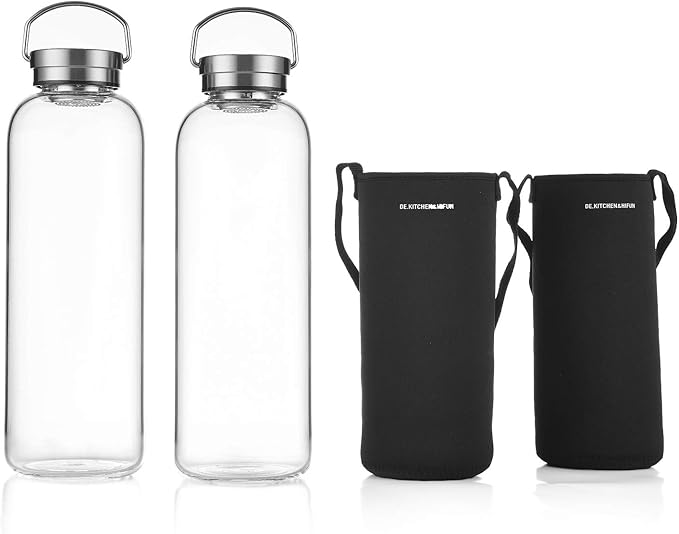 DE.KITCHEN&HIFUN Glasss Water Bottle 64oz, Large Borosilicate Glass 2L for Juice, Glass Water bottle with Steel Cap Filter (2)
