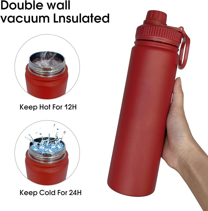 22oz Insulated Water Bottle ，Stainless Steel Sports Water Cup Flask with 2 Lids, Wide Mouth Travel Thermal Mug,Outdoor Sports Bottle（Deep red）