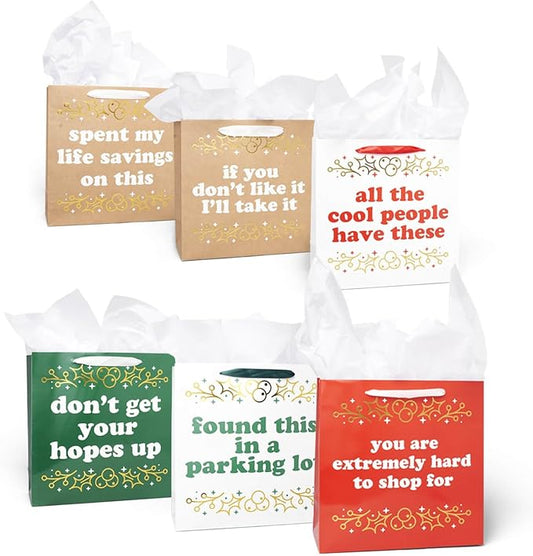 Tipsy Elves Christmas Gift Bags with Included Tissue Paper - Sleigh Bells and Sass Gift Bags - One Size Only - Pack of 6 Bags