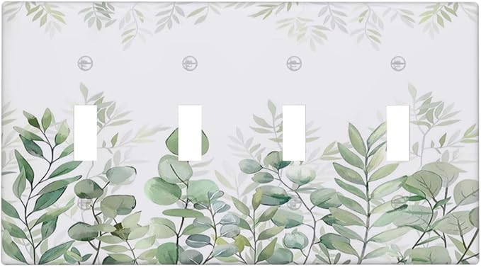 Green Eucalyptus Rustic Botanical Plant Leaves Quad Toggle Boho Light Switch Covers Decorative 4 Gang Wall Plate Electrical Faceplate Switchplate for Country Bedroom Bathroom Decor