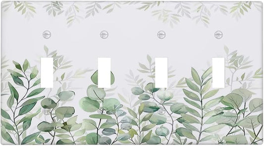 Green Eucalyptus Rustic Botanical Plant Leaves Quad Toggle Boho Light Switch Covers Decorative 4 Gang Wall Plate Electrical Faceplate Switchplate for Country Bedroom Bathroom Decor