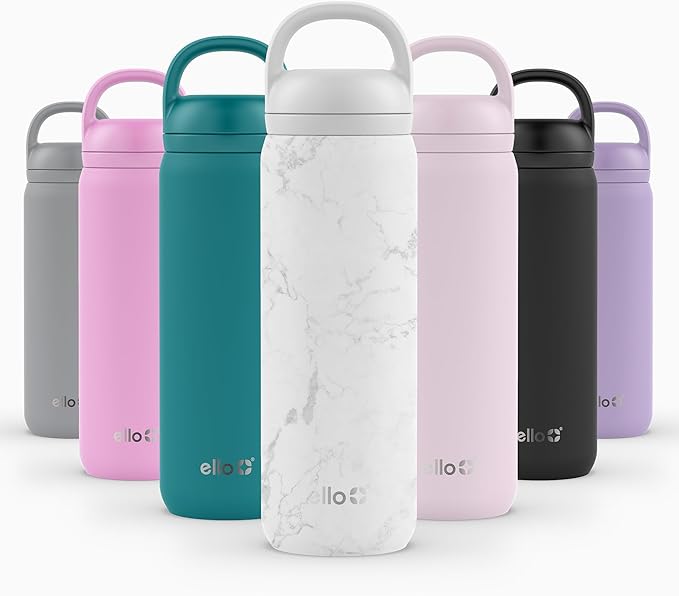 Ello Cooper Twist 22oz Stainless Steel Water Bottle with Chug Lid | Leak Proof Double Walled and Vacuum Insulated | Fits Car Cupholder | Built in Carry Loop | Dishwasher Safe | White Marble