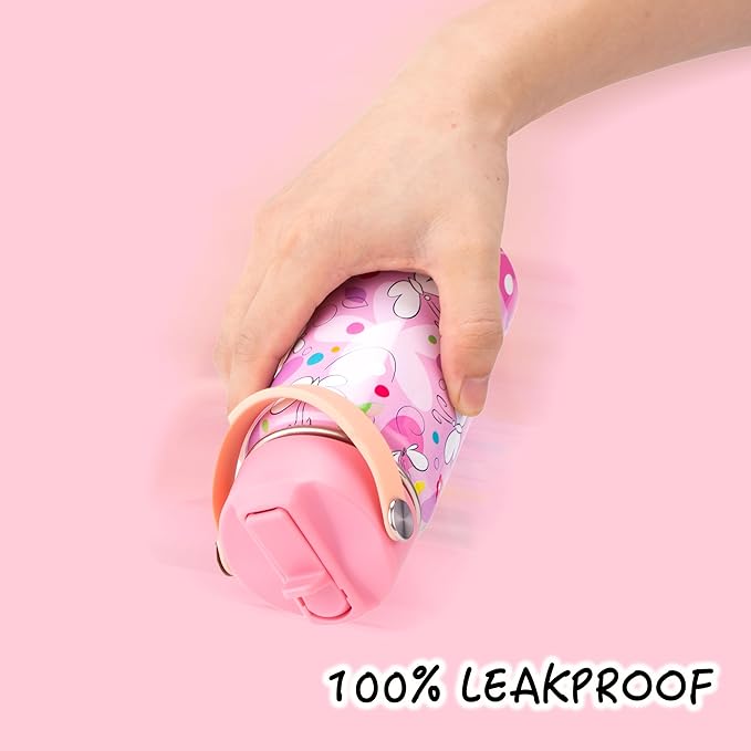 Kids Insulated Water Bottle, 2 Pack 12oz Butterflies Water Bottles Bulk with Flip Straw & Big Handle, Gifts for Kids Girls to School Travel Sports, Hands Wash Only, Purple & Pink