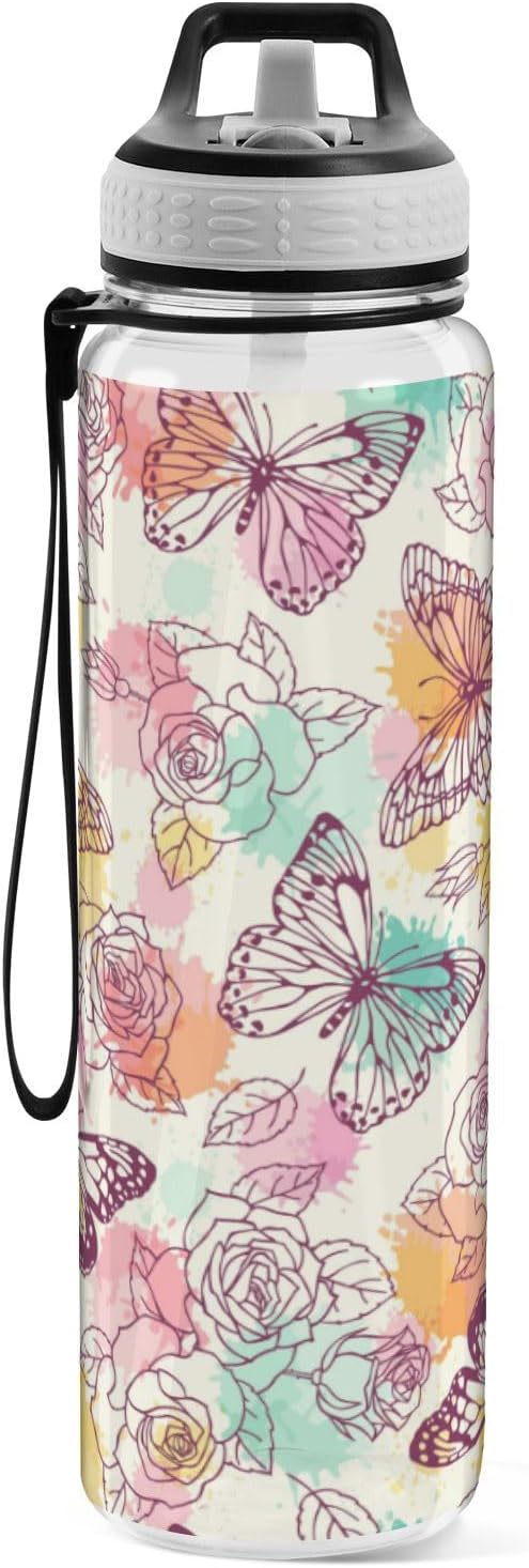 Water Bottle with Straw Butterflies Roses Sports Bottles BPA-Free Tritan Vintage Water Jug with Carrying Strap for Women Men Gym Outdoor Sports