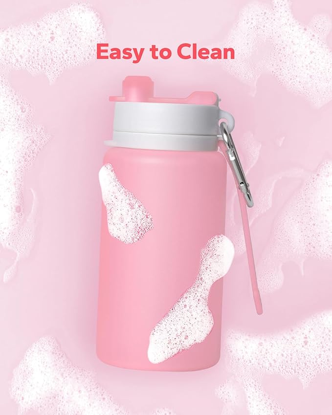 Collapsible Water Bottle, Foldable Water Bottle for Travel & Collapsable Water Bottle with Clip for Backpack, Portable Silicone Water Bottle, Collapse Water Bottle for Travel (20oz, Pink)