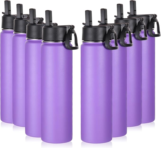 Volhoply 24oz Insulated Water Bottle With Straw Bulk 8 Pack,Metal Wide Mouth Water Bottles With Handle Lid Keep Cold,Reusable Double Wall Thermos,Powder Coated Sport Bottle For Holder(Purple,8 Count)