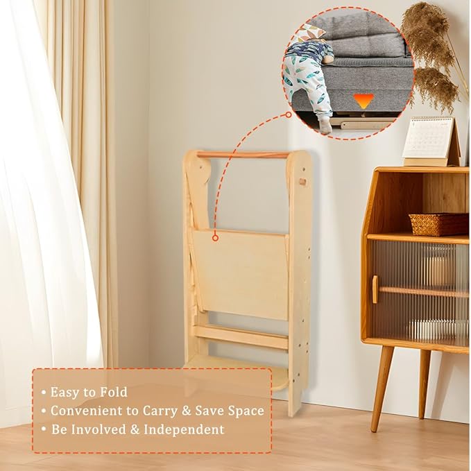 Kids Step Stool, Toddler Learning Tower, Easy Folding, Safety Rail with Lock, 3-Level Height Adjustable