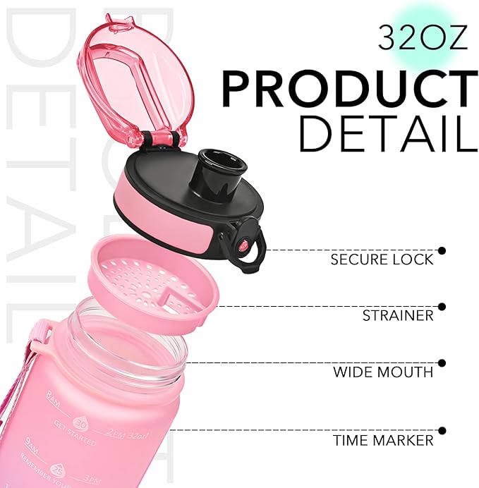 GOSWAG 32oz Motivational Water Bottles with Time Marker and Fruit Strainer, Sports Water Bottle with Times to Drink, Leakproof, Reusable Plastic Bottle with Strap no Straw for Gym, School