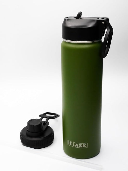 Sport Travel Outdoor Water Bottle with Spout and Straw Lids | Leak Proof | Insulated Stainless Steel Double Walled | BPA and Sweat free | Hot & Cold | For Kids Men & Women (Green, 22 oz)