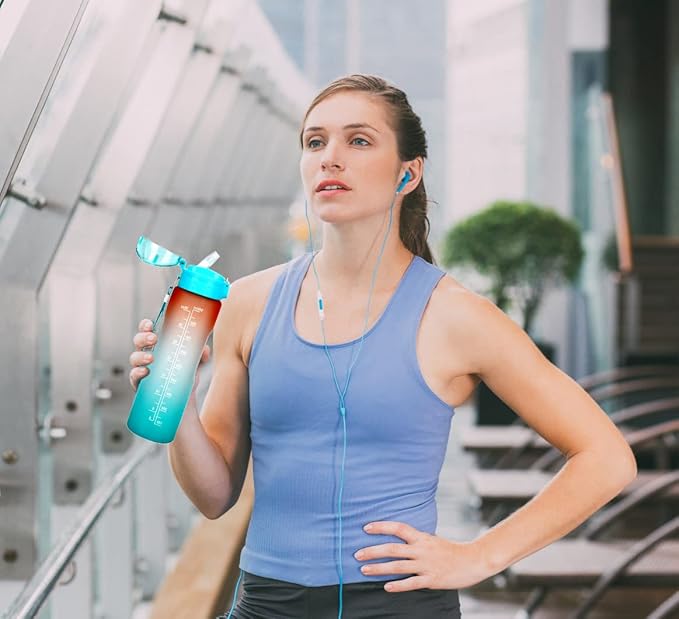 XACIOA Water Bottle with Straw,32oz Plastic Cup with Motivational Time Marker,1L Tritan Sport Lightweight Leakproof BPA-Free,Wide Mouth Fast Flow Ensure You Have Times to Drink,with Straw & Cup Brush