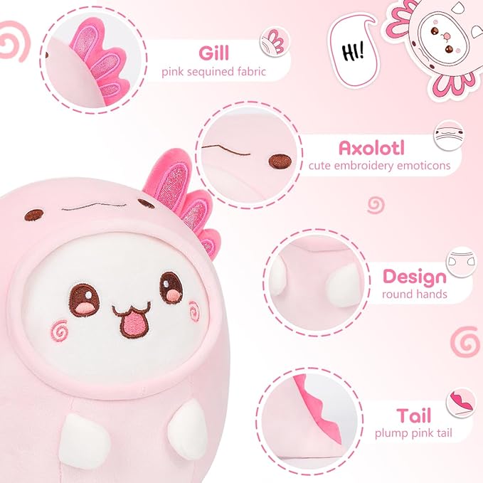 Cute Plush Axolotl Cat Stuffed Animal Pillow, 8" Soft Kawaii Kitten Plushie with Pink Axolotl Salamander Outfit Gift for Kids