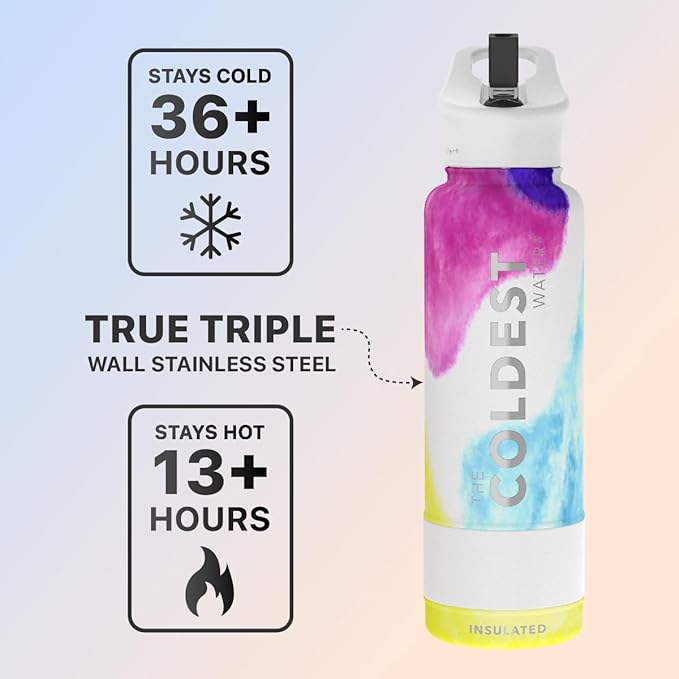 Coldest Sports Water Bottle with Straw Lid Vacuum Insulated Stainless Steel Metal Thermos Bottles Reusable Leak Proof Flask for Sports Gym (40 oz, Clouds of Tie Dye)