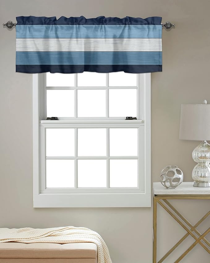 Farmhouse Kitchen Curtains Valances for Windows ,Navy Sky Blue White Rod Pocket Country Window Treatment for Kitchen /Living Room/Bedroom/ Bathroom,42" X 12" -1 Panel, Retro Rustic Barn Wood Texture