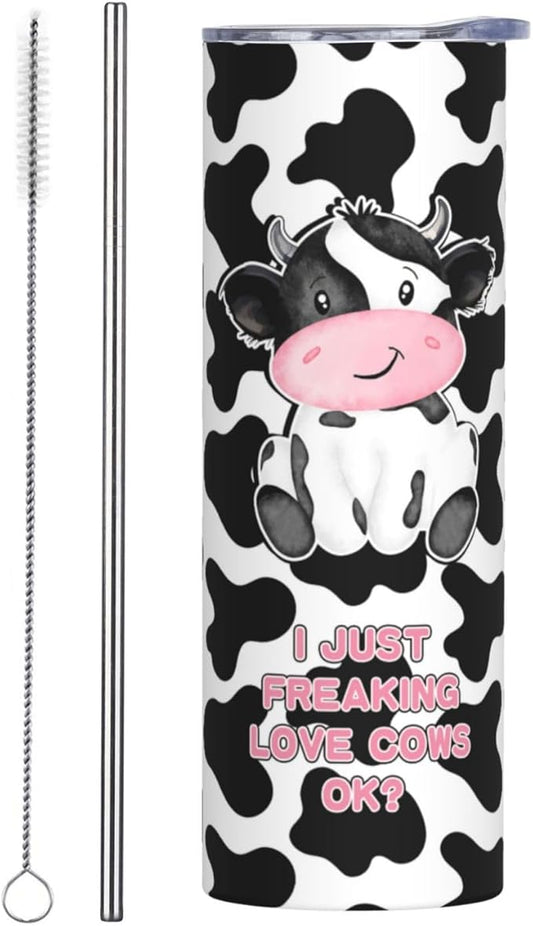 Skinny Tumbler Gift For Men Women, Cow Print Gifts For Women Funny Cow Print Tumbler Cup With Straw Lid 20 Oz,Cute Cow Reusable Stainless Steel Insulated Vacuum Slim Travel Coffee Mug