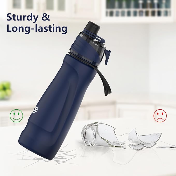 Misting Water Bottle, 24oz Insulated Water Bottle, 2-in-1 Mist & Sip Stainless Steel Water Bottles, Thermo for Hot Drinks/Cold Drinks, Sports Water Bottle for Hiking, Running, Gym, Navy Blue
