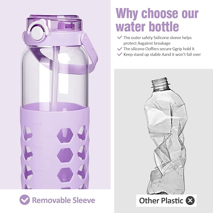 MUKOKO 56oz Glass Water Bottles with Straw and Lid,Motivational Water Jug with Time Marker Reminder and Silicone Sleeve,100% Leakproof BPA Free Fitness Sports Large Bottle-Purple