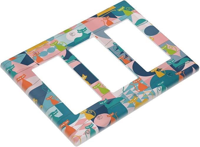 Mid Century Modern Atomic Cute Cats 3 Gang Rocker Light Switch Covers Triple Outlet Wall Plate Decorative Switchplate Cover Faceplate GFCI for Kidroom Nursery Bedroom Decor