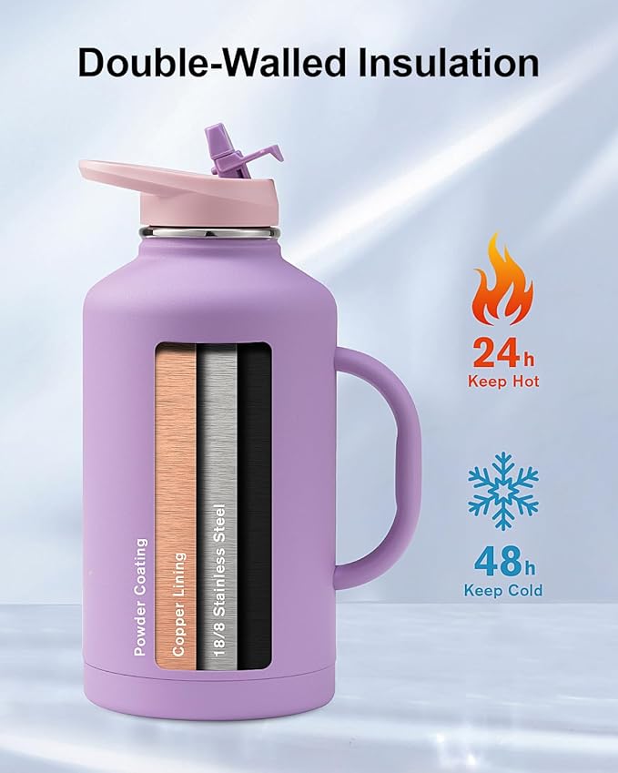 Trebo Half Gallon Water Bottle Insulated with Handle,64 oz Double Wall Stainless Steel Metal Large Jug,Travel Flask with Straw Spout Lid,Mug Tumbler Cup with Carry Pouch,Keep Cold Hot, Purple