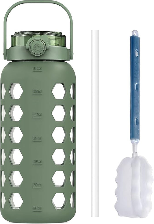 MUKOKO Half Gallon/64 oz Glass Water Bottles with Straw and Lid,Motivational Water Jug with Time Marker Reminder and Silicone Sleeve,100% Leakproof BPA Free Fitness Sports Large Bottle-Olive