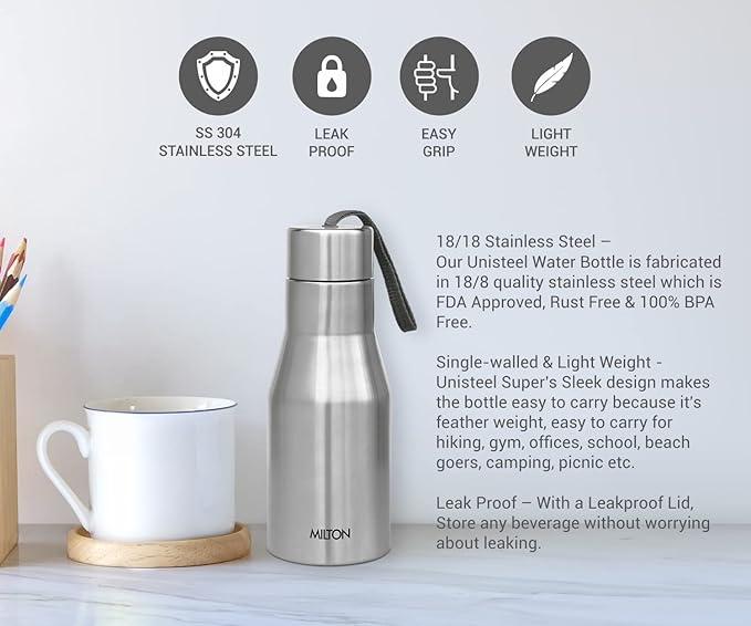 Milton Super 500 Stainless Steel Bottle, Single Walled 500 ml | 17 oz | 18/8 Stainless Steel, BPA Free, Food Grade, Rust Proof, Leak Proof Spout, Light Weight Bottle, Sports Water Bottle | Silver