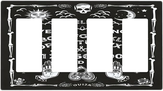 Black Witchy Skeleton Skull Gothic Sun Moon 4 Gang Rocker Decora Novelty Light Switch Cover Decorative Unique Outlet Covers Wall Plate Electrical Faceplate Switchplate GFCI for Bedroom