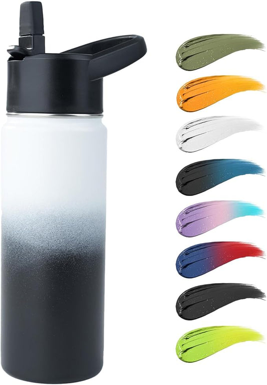 Stainless Steel Water bottle with Straw & Wide Mouth Lid, Wide Rotating Handle, 18oz Double Wall Vacuum Insulated Water Bottle Leak Proof, BPA Free, Keep Cold&Hot, 18oz, White Gradient