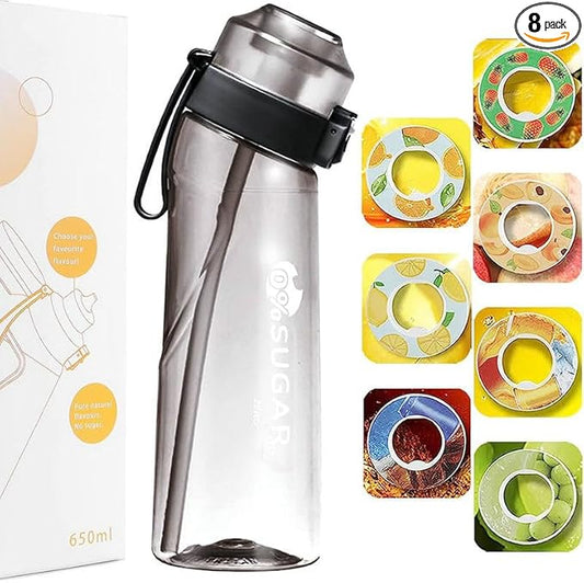 Water Bottle with 7Pcs Air Flavor Pods, Air Bottle Pods Water Bottle, Flavor Caps with Water Bottle, Fruit Scent Pods for Outdoor Sport(Black-7 Pods)