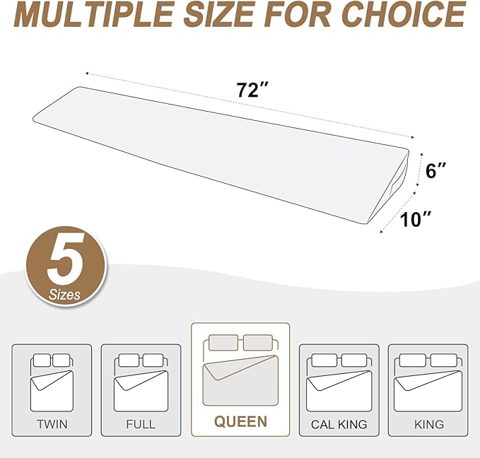 WdFour Bed Wedge pillow, close off Headboard, wall and Mattress Gap. incline, slanted sweat-proof pillow for neck and back pain relief anti-snoring for comfortable sleeping.(Beige,60Wx10Dx6H)