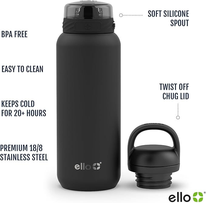 Ello Cooper 32oz Stainless Steel Water Bottle with 2 Lids Chug and Straw | Leak Proof | Double Walled and Vacuum Insulated | Built in Carry Loop | Dishwasher Safe | Yucca