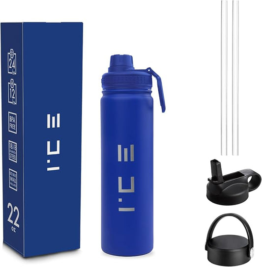 ICE Sports Water Bottle - Includes 3 Lids (1 Straw Lid) & 2 Straws - Leak proof Stainless Steel Gym & Sport Bottles for Men, Women & Kids - Double Walled, Insulated Thermos (Blue, 22 oz)