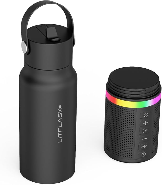 Smart Water Bottle with Premium Bluetooth Speaker, Portable Charger, LED Light, Hands-Free Mic, Insulated Stainless Steel, Straw Lid, BPA-Free, 20oz - Mix & Match Colorways
