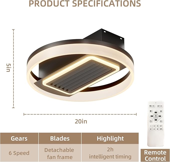 NicBex Ceiling Fan 20 Inch Modern Ceiling Fans with Lights Bladeless Ceiling Fan with Remote Control Round Ceiling Fans with Reversible Motor for Bedroom, Living Room, Black