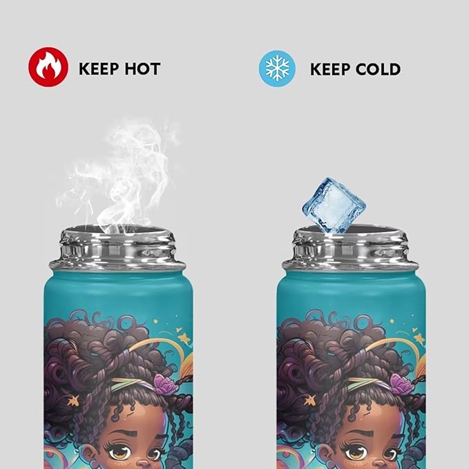 Afro American African Water Bottle 18 oz Insulated Water Bottles with Handle Flask Wide Mouth Bottle Vacuum Stainless Steel Metal Water Bottle for Sports, Gym, Office