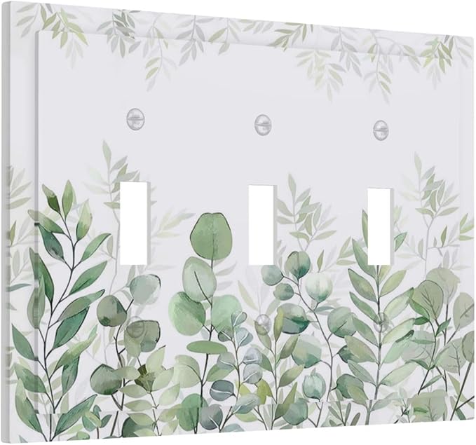 Green Eucalyptus Rustic Botanical Plant Leaves 3 Gang Boho Light Switch Covers Decorative Triple Toggle Wall Plate Electrical Faceplate Switchplate for Country Bathroom Bedroom Decor