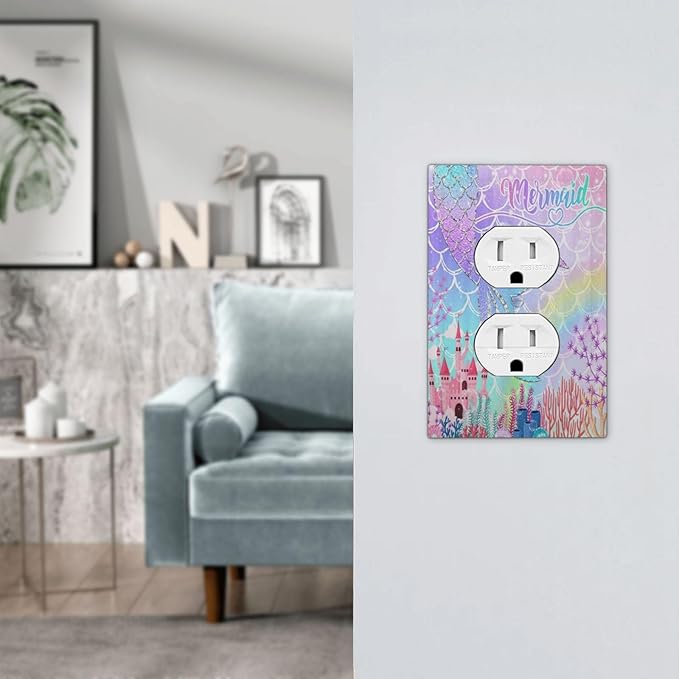 Silvery Glitter Cute Mermaid Tail Fantasy Castle Single Duplex Wall Plate Covers Light Switch Cover 1 Gang Outlet Plate Decorative Switchplate Covers Electrical Faceplate for Kidroom Nursery Decor