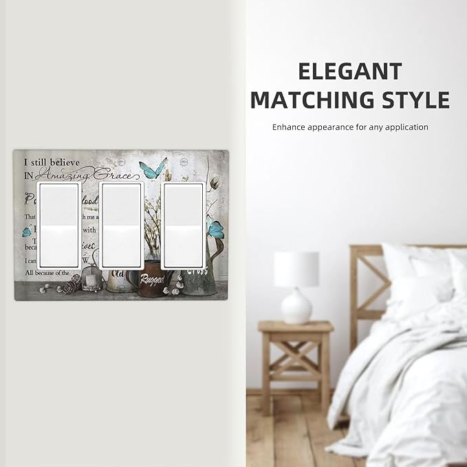 Blue Butterfly Rustic Flower Inspirational Quotes 3 Gang Rocker Light Switch Covers Triple Outlet Wall Plate Decorative Switchplate Cover Faceplate GFCI for Farmhouse Country Bedroom Kitchen Decor