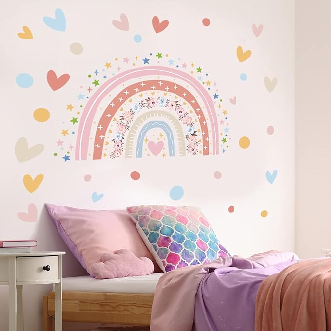 Large Boho Watercolor Rainbow Wall Decals Boho Love Stars Flowers Rainbow Wall Stickers for Girls' Room Kids Baby Nursery Bedroom Living Room Playroom Classroom Wall Decor