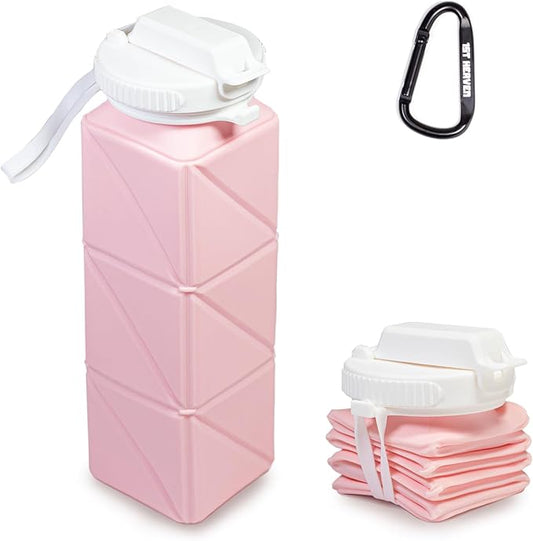 Collapsible Water Bottle, Silicone Foldable Water Bottles For Travel, Easy-To-Carry Design And Compact Size, BPA Free, 20 oz (Pink (cuboid))