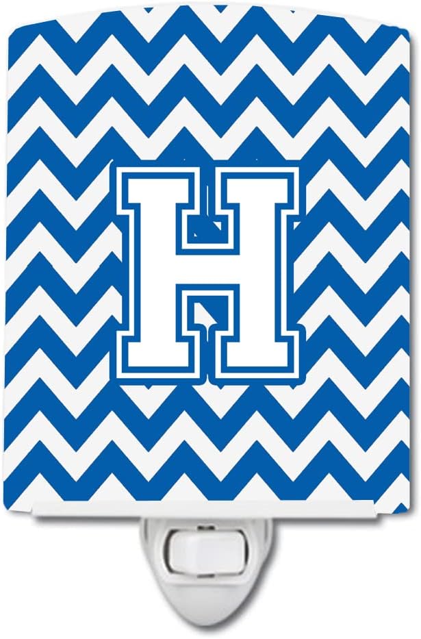 Caroline's Treasures CJ1045-HCNL Letter H Chevron Blue and White Ceramic Night Light Compact, UL-Certified, Ideal for Bedroom, Bathroom, Nursery, Hallway, Kitchen, 6x4x3, Multicolor