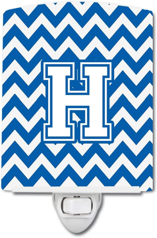 Caroline's Treasures CJ1045-HCNL Letter H Chevron Blue and White Ceramic Night Light Compact, UL-Certified, Ideal for Bedroom, Bathroom, Nursery, Hallway, Kitchen, 6x4x3, Multicolor