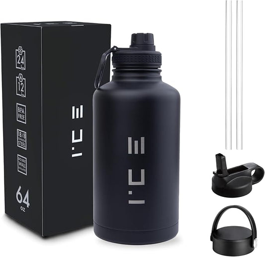 ICE Sports Water Bottle - Includes 3 Lids (1 Straw Lid) & 2 Straws - Leak proof Stainless Steel Gym & Sport Bottles for Men, Women & Kids - Double Walled, Insulated Thermos (Black, 64 oz)