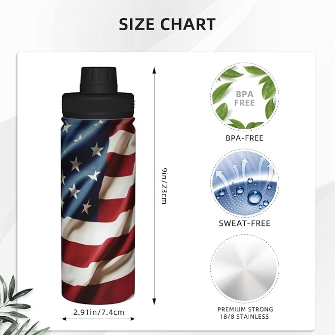 Cerburny Insulated Water Bottle Red USA Flag 18 oz Stainless Steel Bottles With Lid Leak Proof Gym Sport Water Jug For Men Women Adults