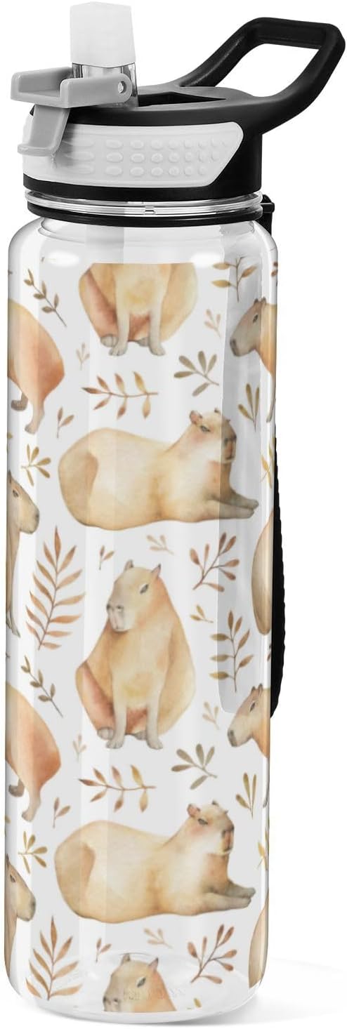 Capybaras Water Bottle with Straw Leafs Sports Bottles BPA-Free Tritan Water Jug with Carrying Strap for Gym Office Outdoor Sports